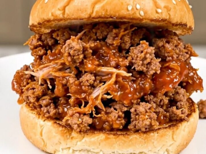 A steaming, glossy sloppy joe sandwich on a toasted bun, held by one hand.