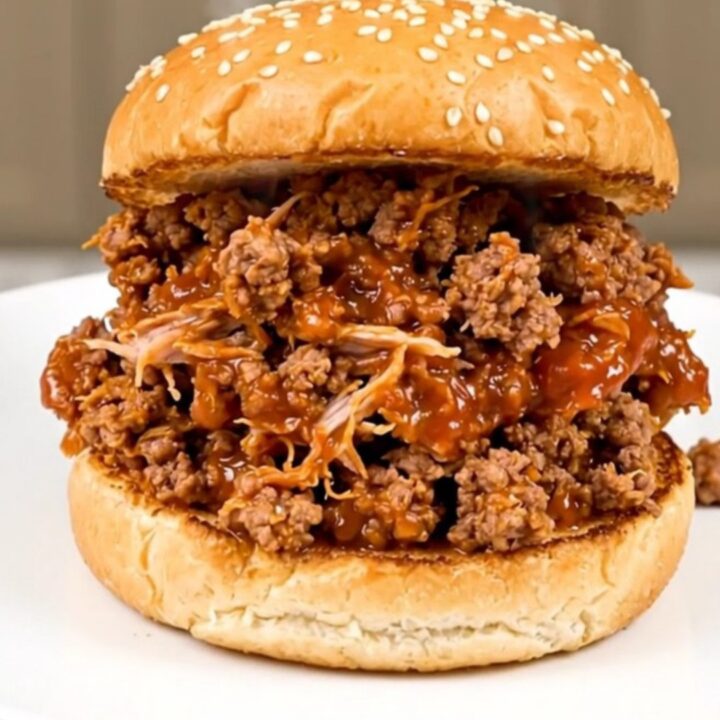 A steaming, glossy sloppy joe sandwich on a toasted bun, held by one hand.