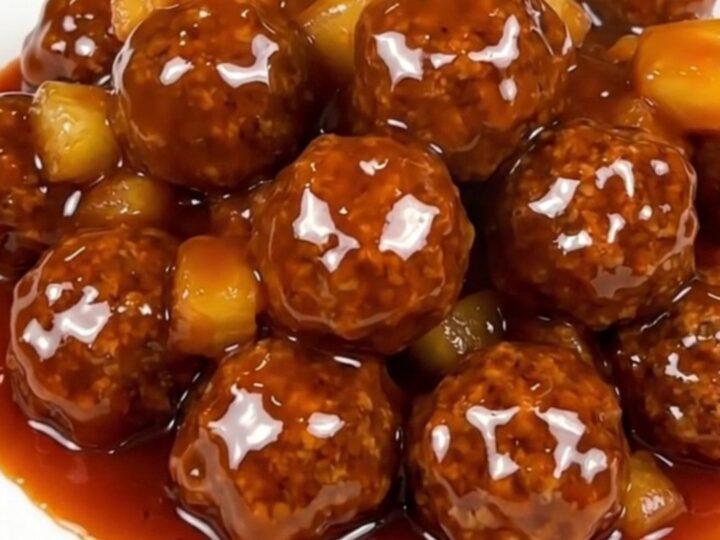 A top-down view of a slow cooker filled with beef meatballs, pineapple, and a thick red glaze.