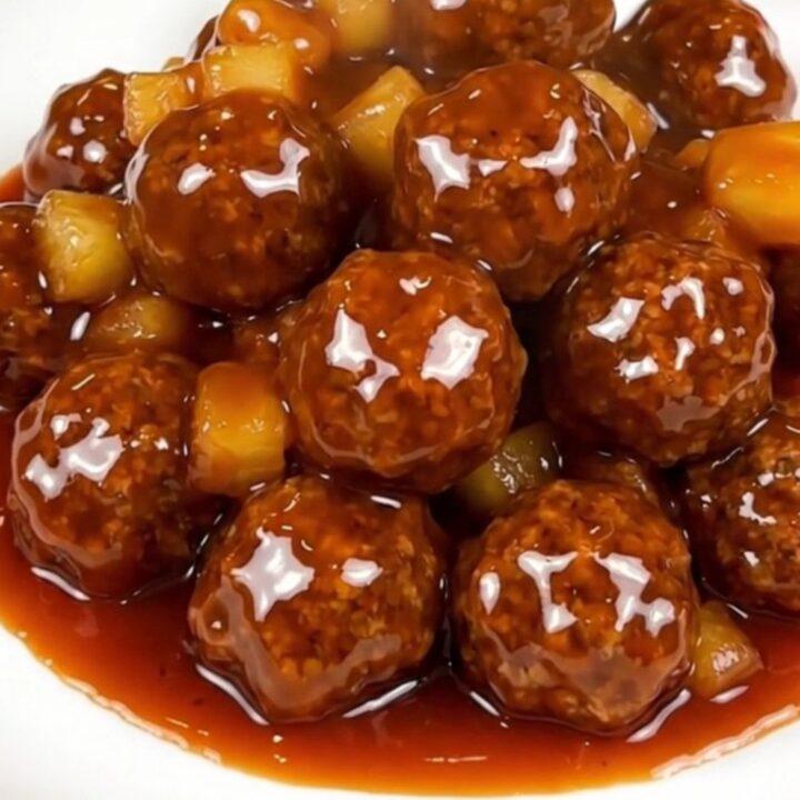 A top-down view of a slow cooker filled with beef meatballs, pineapple, and a thick red glaze.