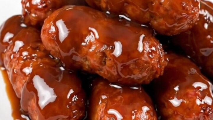 A top-down view of cooked Italian sausage bites in a honey-soy glaze inside a black slow cooker.