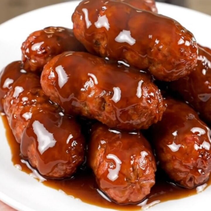 A top-down view of cooked Italian sausage bites in a honey-soy glaze inside a black slow cooker.