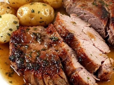 A slow cooker filled with raw pork tenderloin, halved baby gold potatoes, and a dusting of smoked paprika.