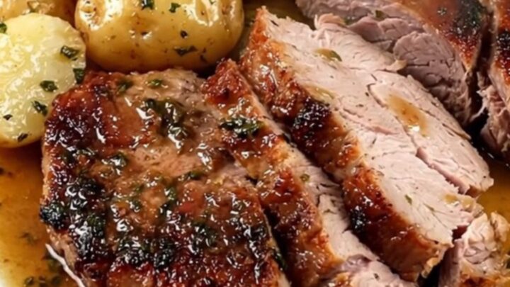 A slow cooker filled with raw pork tenderloin, halved baby gold potatoes, and a dusting of smoked paprika.