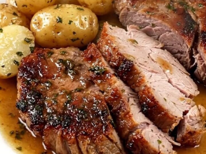 A slow cooker filled with raw pork tenderloin, halved baby gold potatoes, and a dusting of smoked paprika.