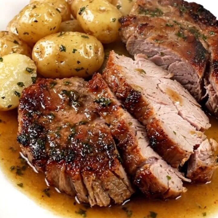 A slow cooker filled with raw pork tenderloin, halved baby gold potatoes, and a dusting of smoked paprika.