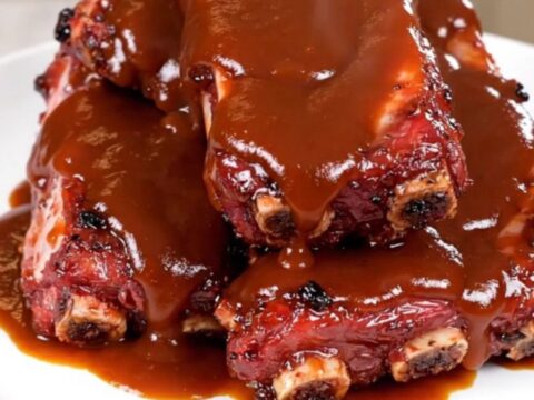 Close-up of succulent barbecue ribs with pineapple glaze on a white plate.