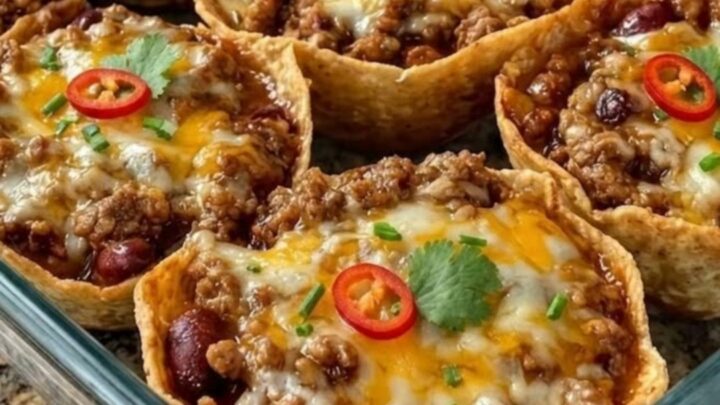 A glass baking dish filled with crispy tortilla cups topped with melted cheese and fresh herbs.