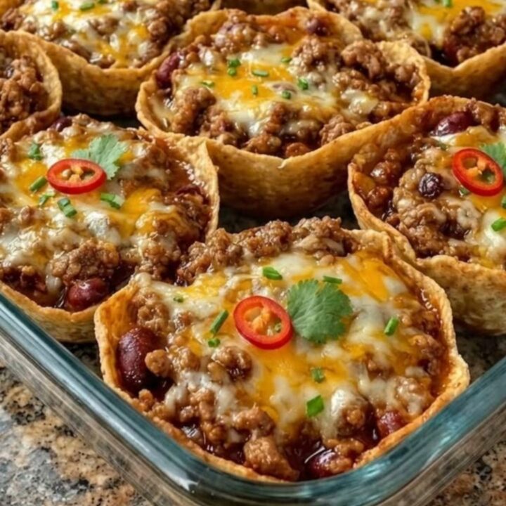 A glass baking dish filled with crispy tortilla cups topped with melted cheese and fresh herbs.