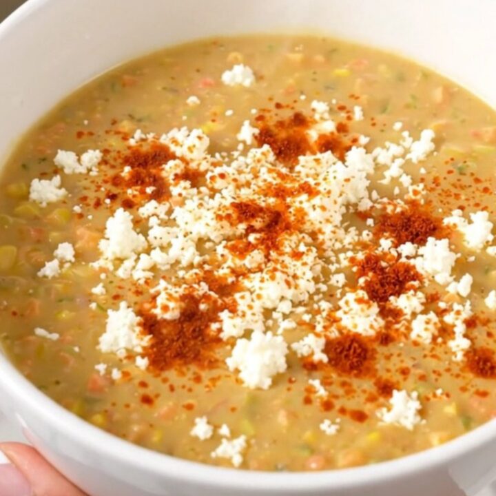 A white bowl filled with creamy Mexican street corn soup garnished with cotija cheese and chili powder.