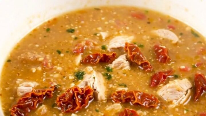 A steaming bowl of creamy chicken chowder with visible pieces of chicken, potatoes, and sun-dried tomatoes.