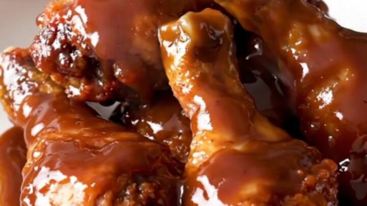 A close-up of glossy, slow-cooked chicken drumsticks covered in a rich barbecue glaze on a white plate.