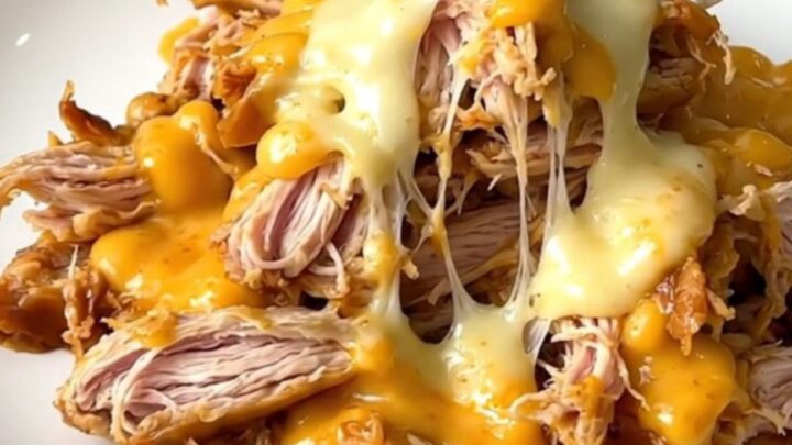 A slow cooker filled with creamy shredded chicken, topped with green pickled jalapenos and a rich sauce.