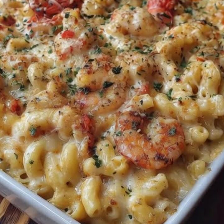 A close-up shot of a creamy seafood mac and cheese bake in a white dish, showing stretchy melted cheese and tender shrimp.