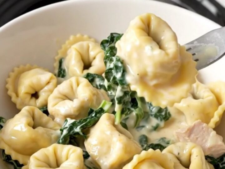 A steaming bowl of creamy chicken tortellini with fresh spinach and Italian herbs.