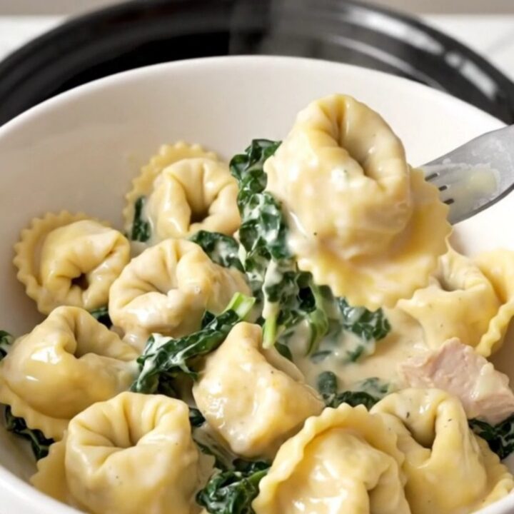 A steaming bowl of creamy chicken tortellini with fresh spinach and Italian herbs.