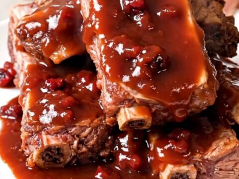 A close-up of glossy, tender cranberry barbecue baby back ribs on a white plate.