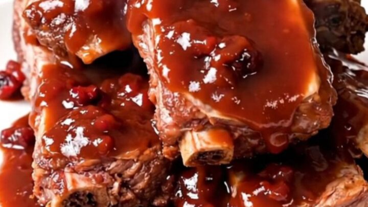 A close-up of glossy, tender cranberry barbecue baby back ribs on a white plate.