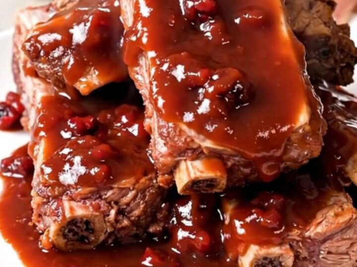 A close-up of glossy, tender cranberry barbecue baby back ribs on a white plate.