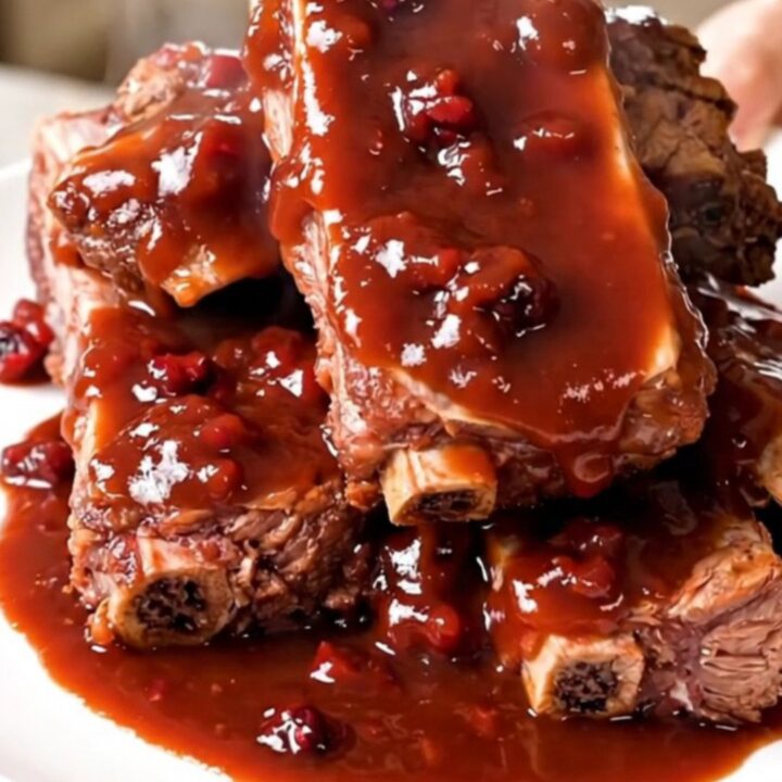 A close-up of glossy, tender cranberry barbecue baby back ribs on a white plate.