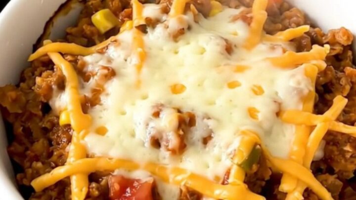 A top-down view of a slow cooker filled with raw ground turkey, black beans, and salsa.