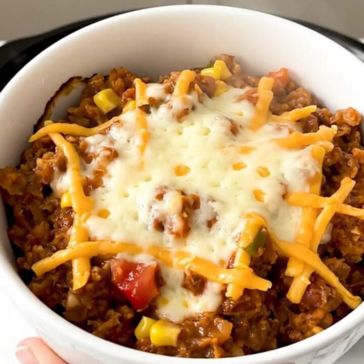 A top-down view of a slow cooker filled with raw ground turkey, black beans, and salsa.