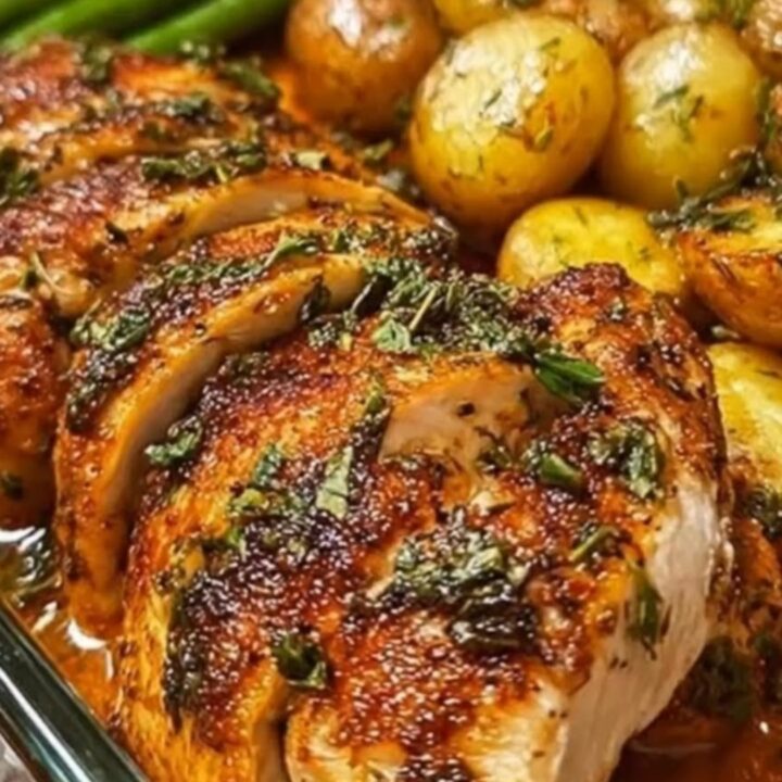 A slow push-in shot of sliced herb-roasted chicken breast, golden baby potatoes