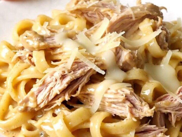 A top-down view of creamy parmesan peppercorn chicken served over egg noodles on a white plate.