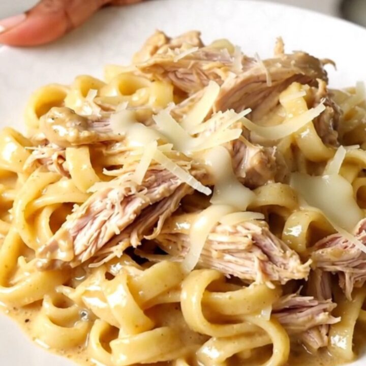 A top-down view of creamy parmesan peppercorn chicken served over egg noodles on a white plate.