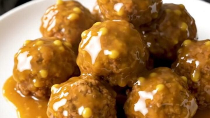 A close-up of honey mustard glazed meatballs in a black slow cooker on a white quartz countertop.