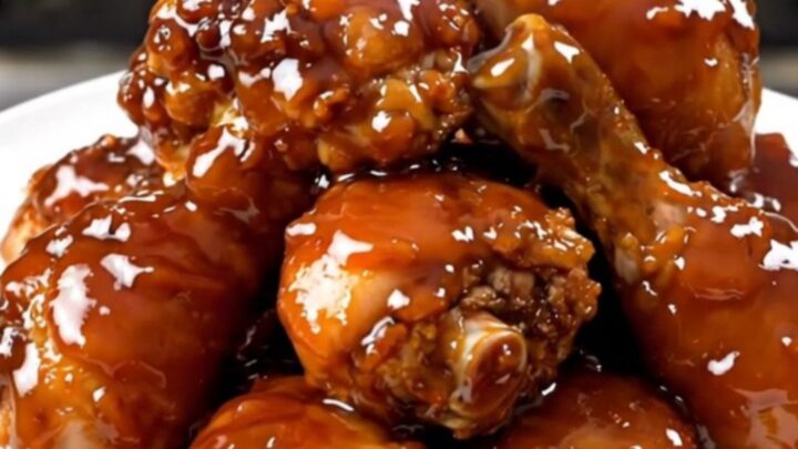 A close-up of glossy, golden-brown Cajun honey glazed chicken drumsticks served on a white plate.