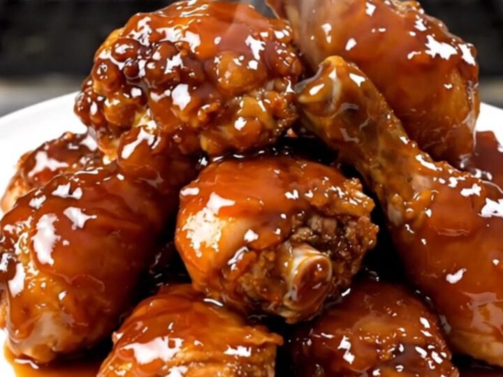 A close-up of glossy, golden-brown Cajun honey glazed chicken drumsticks served on a white plate.