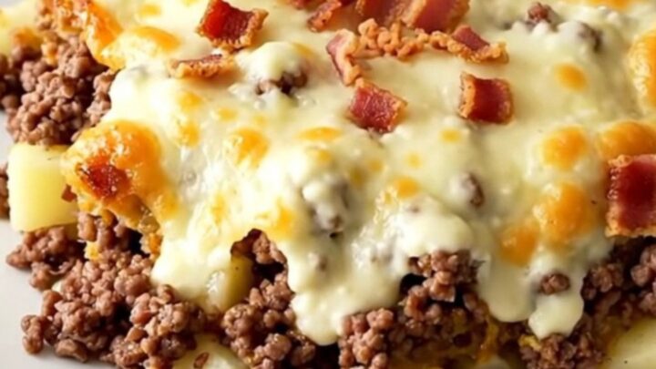 A steaming crockpot casserole with ground beef, potatoes, and melted Swiss cheese in a slow cooker.