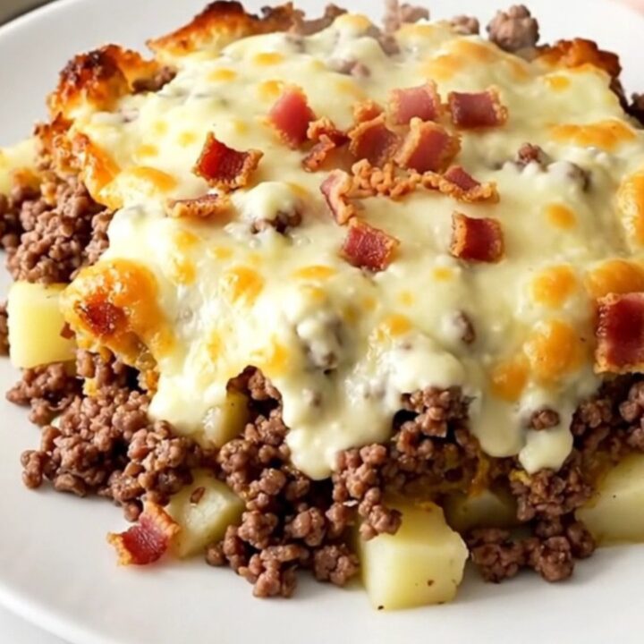 A steaming crockpot casserole with ground beef, potatoes, and melted Swiss cheese in a slow cooker.
