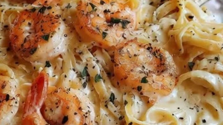 A close-up of creamy shrimp fettuccine alfredo in a dark bowl with black pepper.
