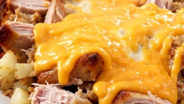 A steaming, cheesy ground turkey and potato casserole served on a white round plate.