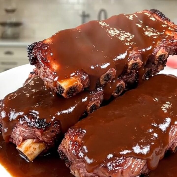 Slow cooker coffee rubbed barbecue baby back ribs arranged on a white serving plate.