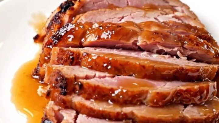 A succulent, spiral-sliced ham with a glossy, caramelized apple butter glaze on a white platter.