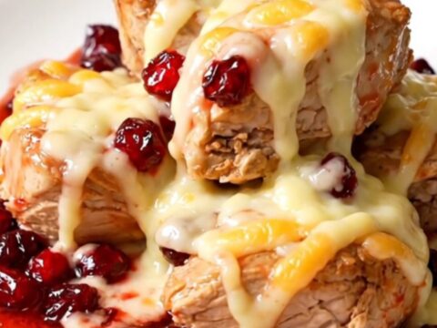 A top-down view of chicken breasts cooking in a slow cooker with cranberry sauce and onion soup mix.