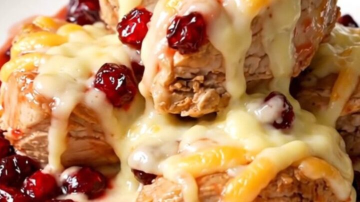 A top-down view of chicken breasts cooking in a slow cooker with cranberry sauce and onion soup mix.