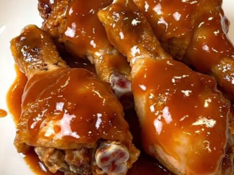 A close-up of glossy, glazed chicken drumsticks in a slow cooker, showing the rich red pepper sauce.