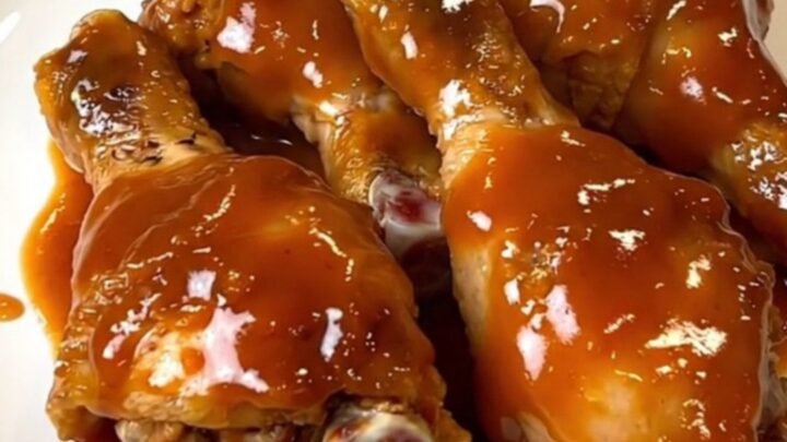 A close-up of glossy, glazed chicken drumsticks in a slow cooker, showing the rich red pepper sauce.