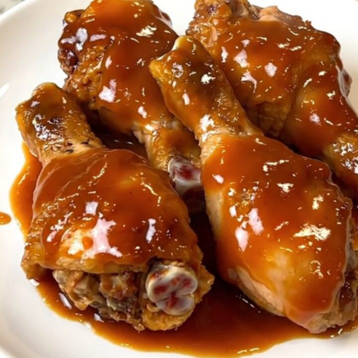 A close-up of glossy, glazed chicken drumsticks in a slow cooker, showing the rich red pepper sauce.