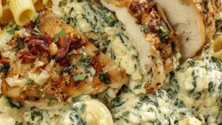 A beautifully plated dish showing sliced herb-crusted stuffed chicken over creamy spinach rigatoni with rising steam.