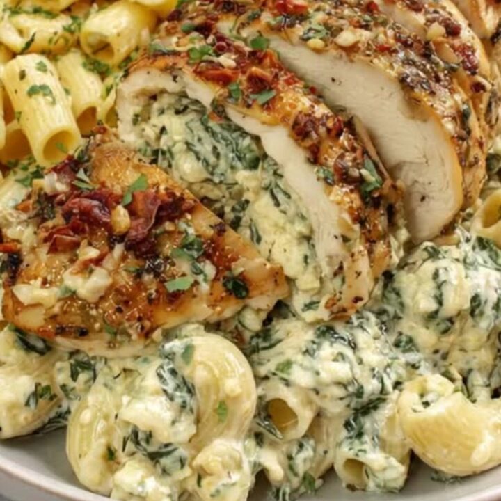 A beautifully plated dish showing sliced herb-crusted stuffed chicken over creamy spinach rigatoni with rising steam.