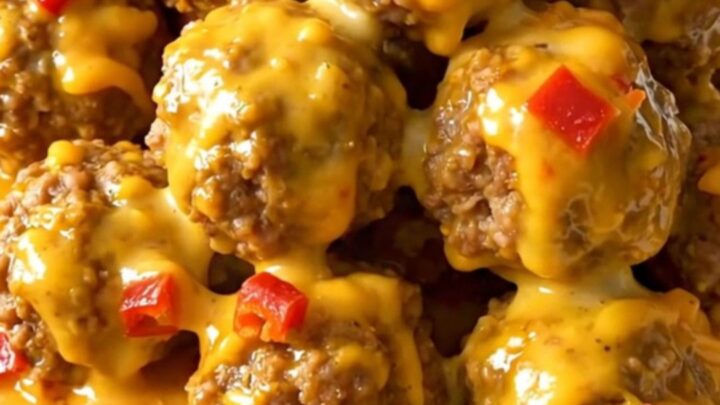 A slow cooker filled with beef meatballs covered in a rich, creamy chipotle cheddar sauce.
