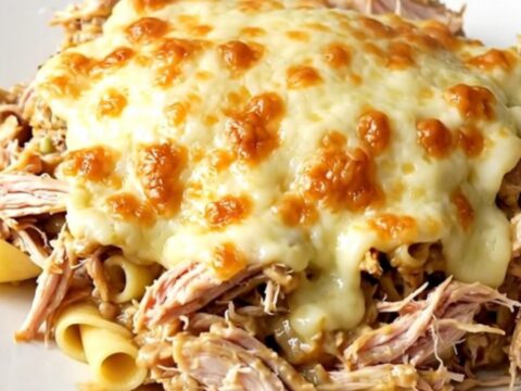 Creamy slow cooker alfredo chicken with melted mozzarella on a white plate.