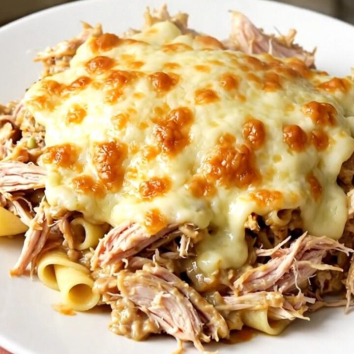 Creamy slow cooker alfredo chicken with melted mozzarella on a white plate.
