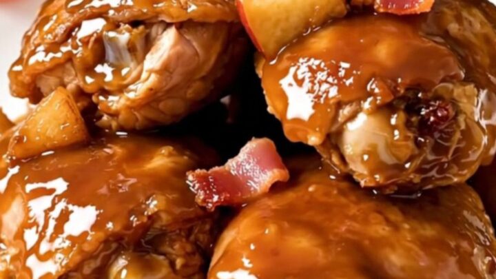 A close-up shot of slow-cooked, glazed chicken thighs topped with tender apples and crispy bacon on a white plate.