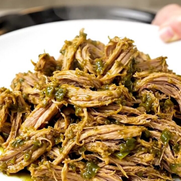 A close-up of shredded green chile pork served on a white plate with fresh cilantro.